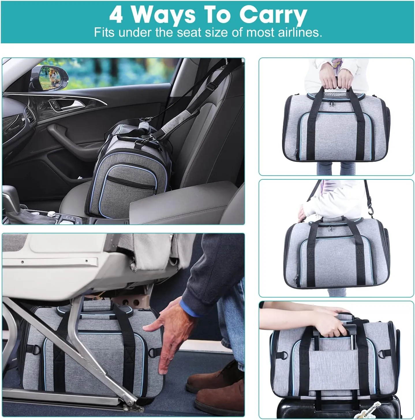 Siivton 4 Sides Expandable Pet Carrier, Airline Approved Soft-Sided Dog Cat Carrier Bag with Fleece Pad for Cats, Puppy and Small Animals (4 Extension Gray_Blue, L:18.0" L x 11.0" W x 11.0" H)