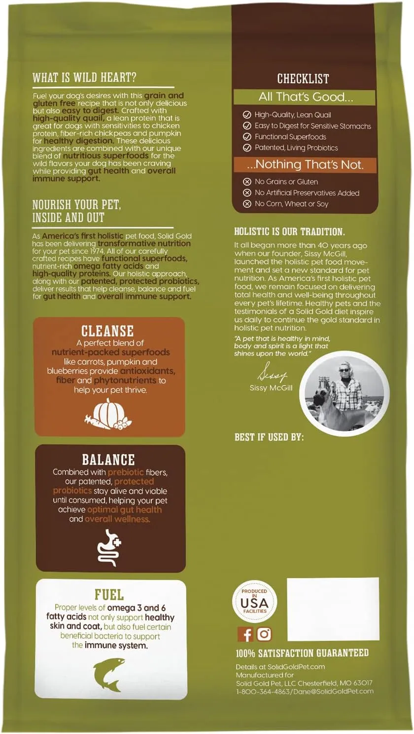 Solid Gold Sensitive Stomach Dog Food for Adult & Senior Dogs - Grain Free Healthy Dog Food w/Real Quail, Pumpkin, Fiber & Probiotics for Gut Health & Digestion - Kibble for Sensitive Stomachs - 24LB