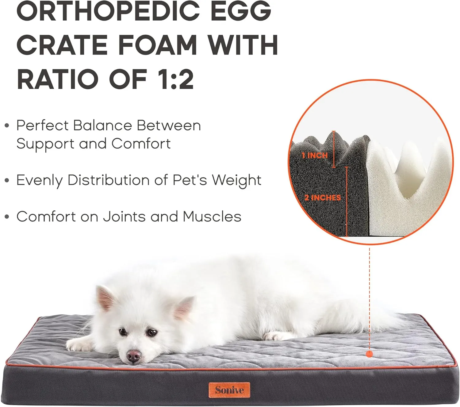 Sonive Medium Size Dog & Cat Bed, Egg-Crate Foam Orthopedic Dog Bed, Waterproof Quilted Comfortable Pet Bed Indoor & Outdoor Use, Machine Washable & Removable Cover Non-Slip Grey Orange