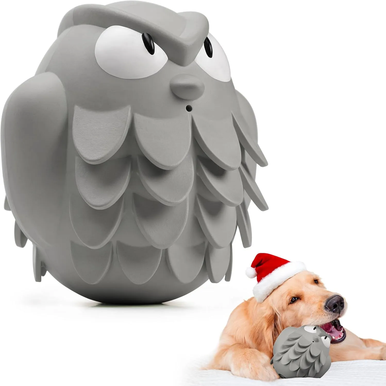 Tough Chew Dog Toys for Aggressive Chewers Giggle Ball Owl Rubber Interactive Treat Dispensing Slow Feeder Indestructible Teething Toys for Small Medium Large Dogs (Grey)