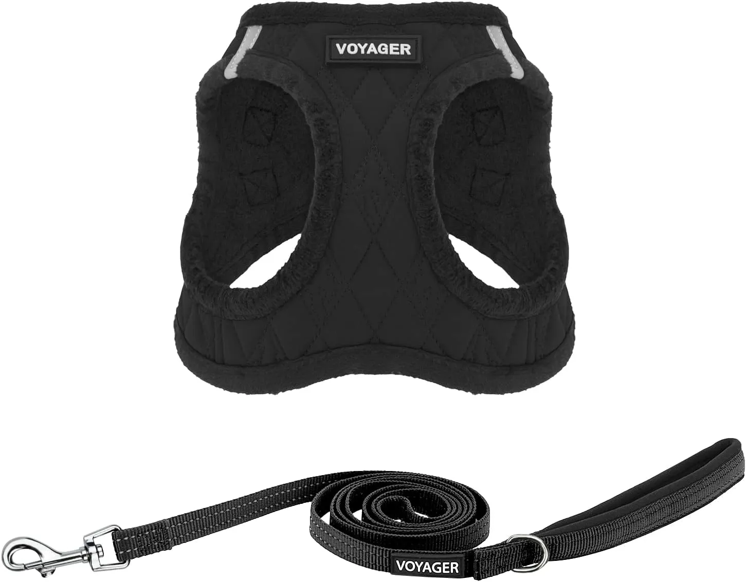 Voyager Step-in Plush Dog Harness  Soft Plush, Step in Vest Harness and Reflective Dog 5 ft Leash Combo with Neoprene Handle for Small and Medium Dogs by Best Pet Supplies -Set (Black Plush), XS