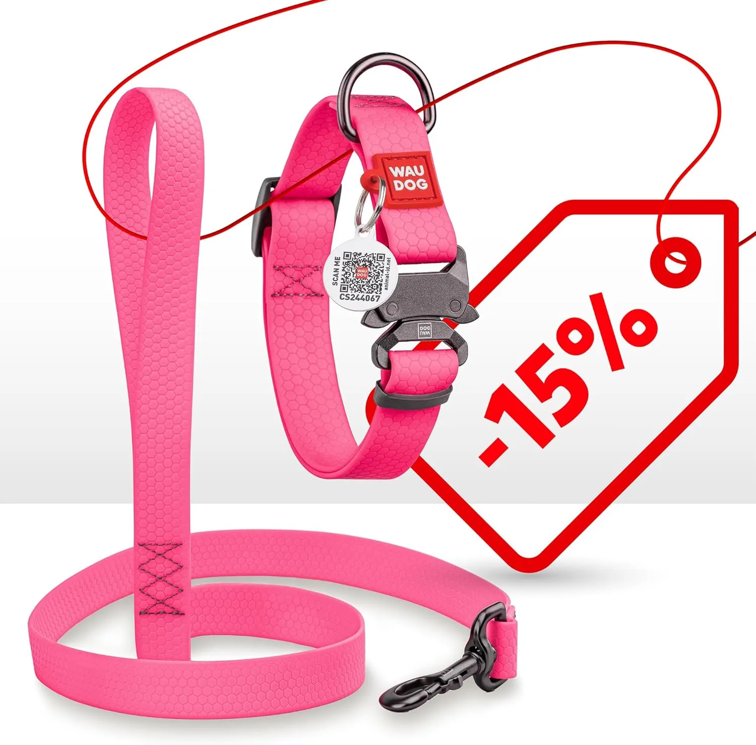 WAUDOG Waterproof Dog Collar - Adjustable Dog Collar for Large Dogs, Small and Medium Dogs - Heavy Duty Dog Collars with Durable Metal Clasp and QR Dog Tag - Boy & Girl Dog Collars (Pink)
