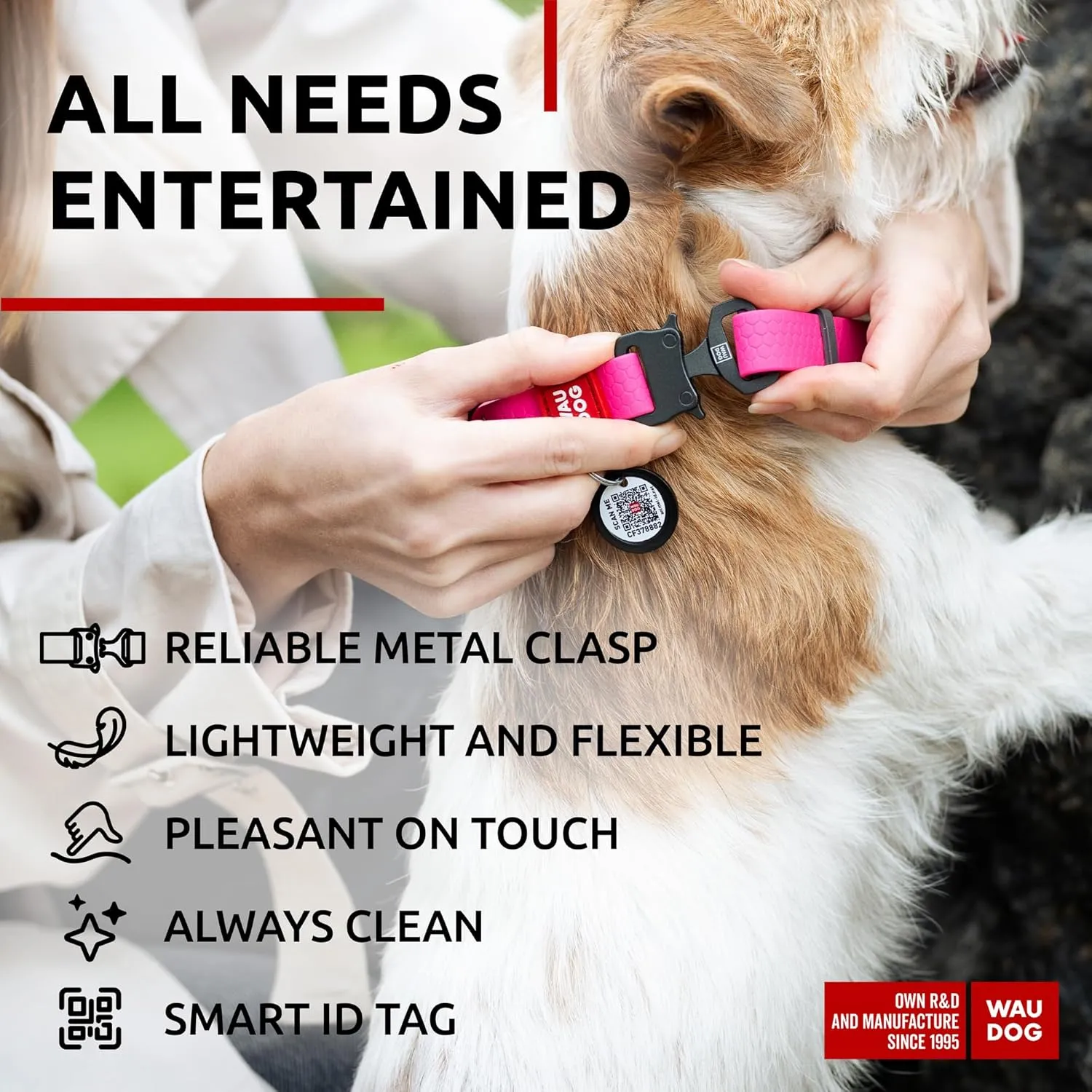 WAUDOG Waterproof Dog Collar - Adjustable Dog Collar for Large Dogs, Small and Medium Dogs - Heavy Duty Dog Collars with Durable Metal Clasp and QR Dog Tag - Boy & Girl Dog Collars (Pink)